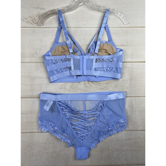 Torrid Bra Panty Set 00 L Blue Retro Ribbon Cutout Serenity Underwire Strap NWT - Picture 8 of 14